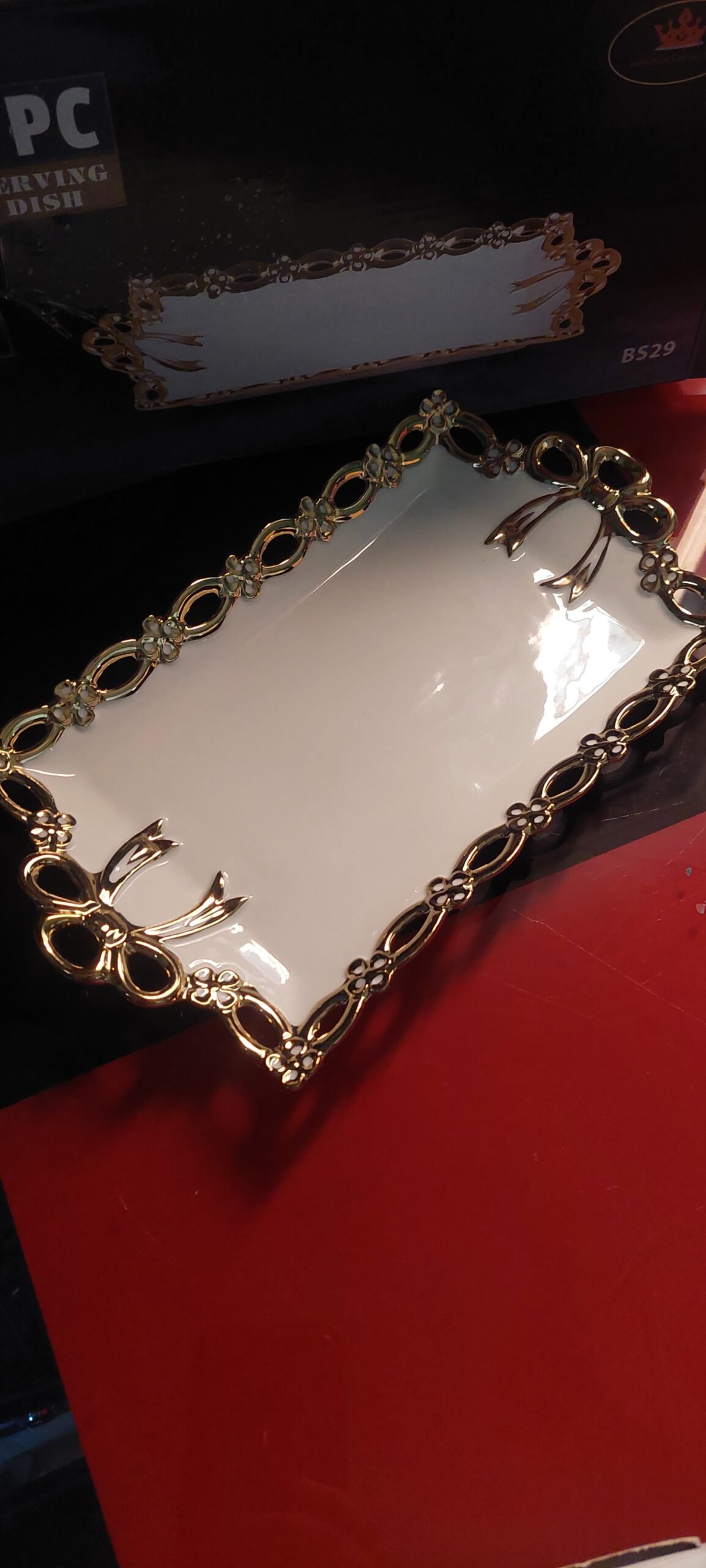 Ceramic Serving Tray with Gold Bow Outline Design