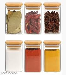 Square Glass Jar with Air Tight Bamboo Lid 270 ml (Pack of 3)