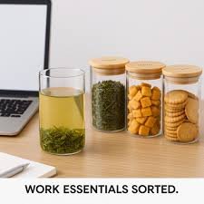 Circle Glass Jar with Air Tight Bamboo Lid 270 ml (Pack of 3)