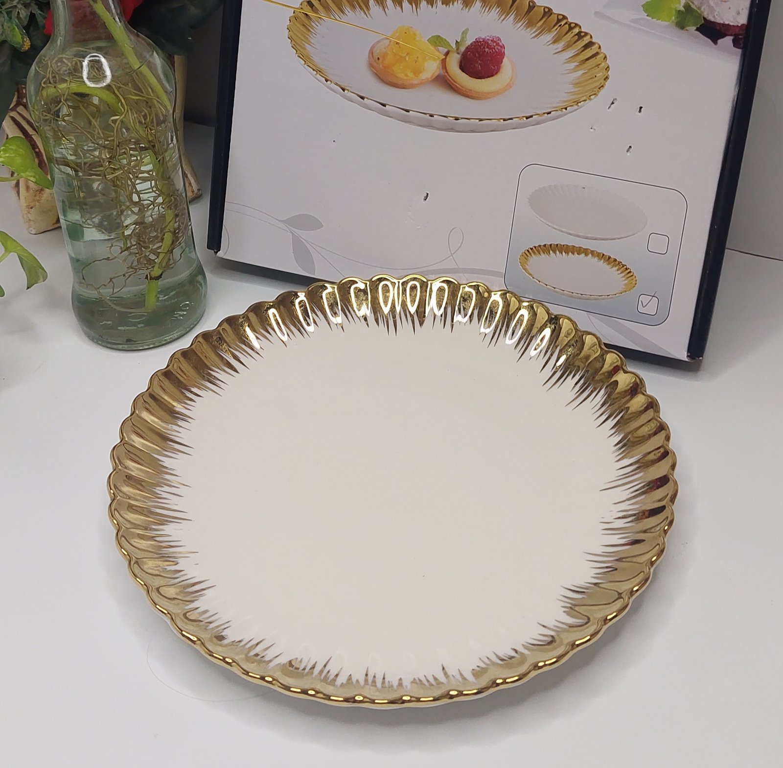 Elegant Ceramic Plate with Golden outline